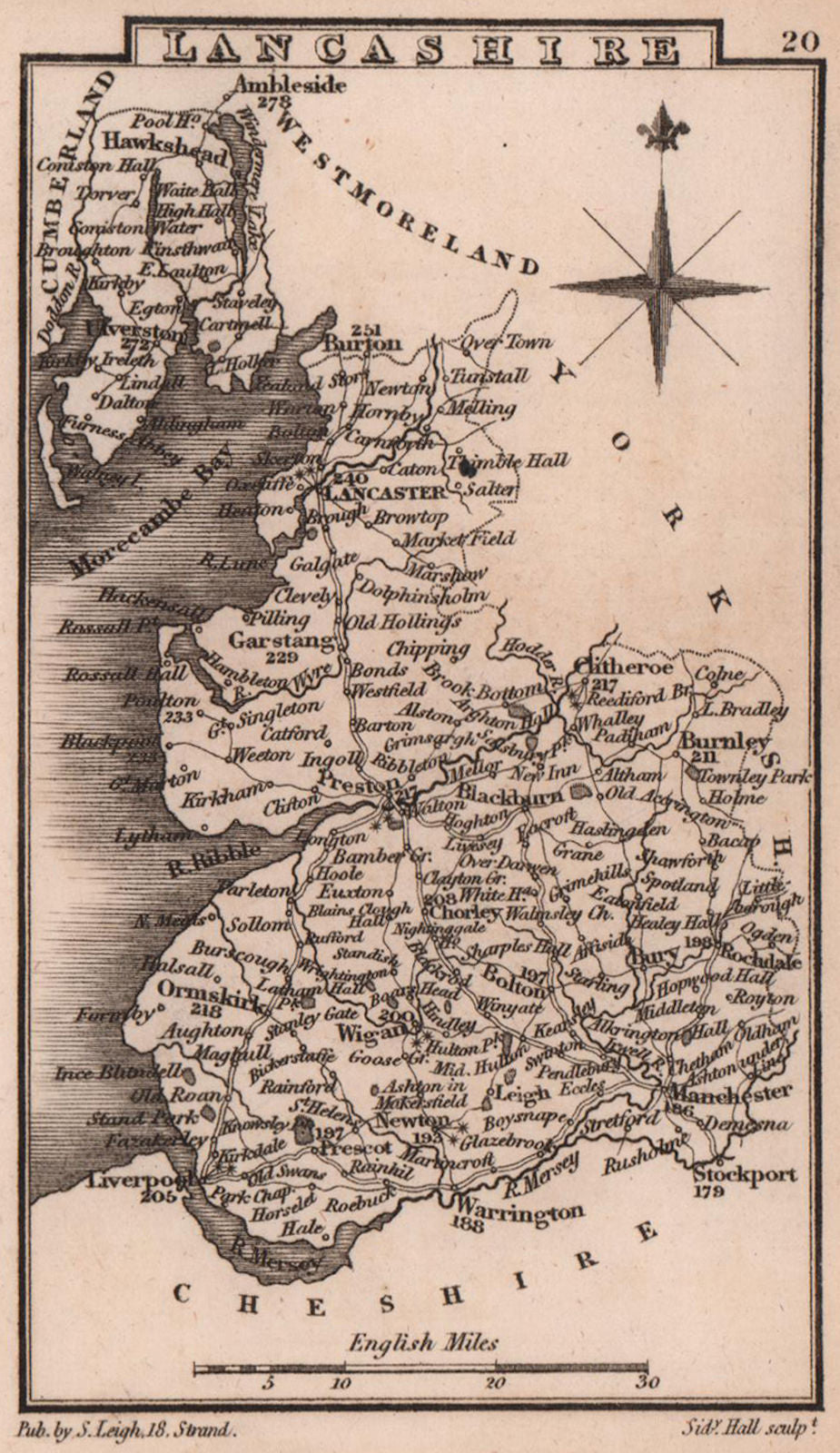 Lancashire miniature county map by Samuel Leigh / Sidney Hall c1820 old